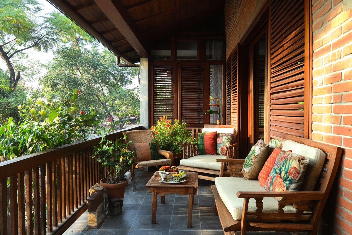 Indian Traditional Balcony Design with Brick Wall and Wooden Furniture Indian Traditional Balcony Design with Brick Wall and Wooden Furniture